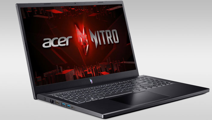 Acer Nitro V gaming laptop open and angled facing right on a gray gradient background.