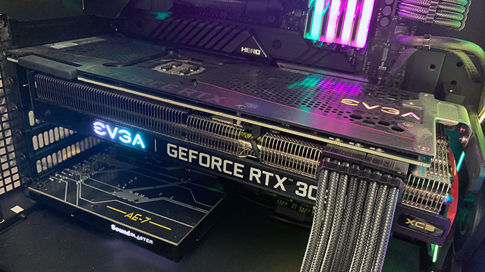 Angled view of an EVGA GeForce RTX 3090 installed in a PC.