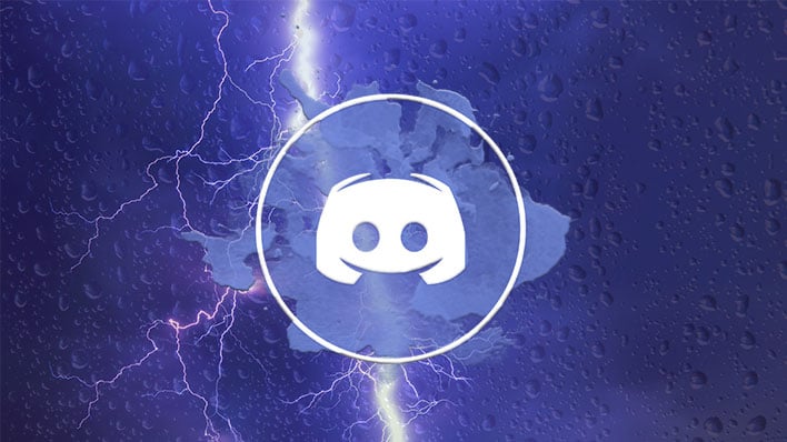 Discord logo on top of a rainy background with a thunderbolt