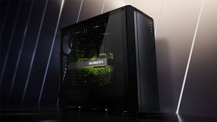 Angled gaming PC showing a GeForce RTX graphics card installed inside, and glowing green.
