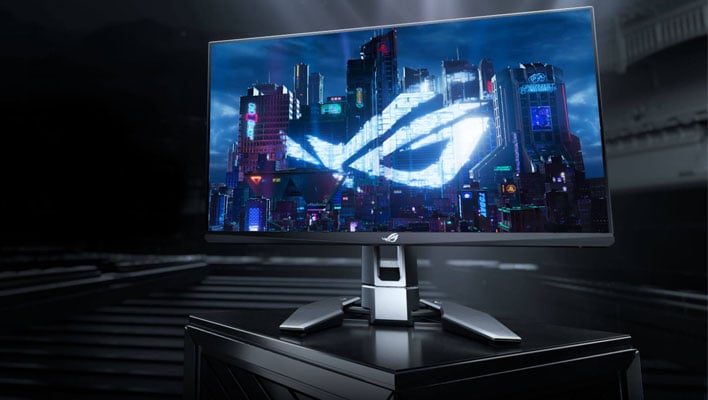 ASUS ROG Swift Pro PG248QP gaming monitor on a pedestal angled left.