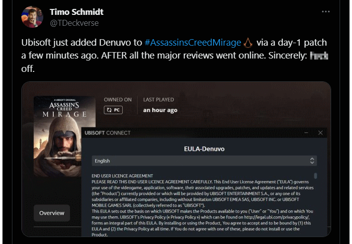 News - Drama - Platform - Ubisoft added Denuvo to Assassins Creed: Mirage  via a day-1 patch shortly after all the major reviews went online