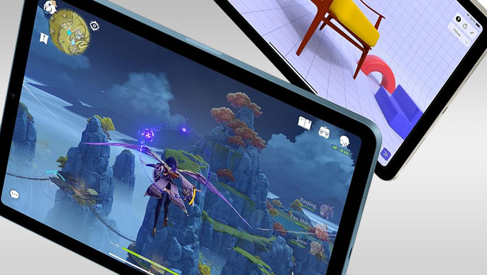 Apple iPad on a gray gradient background.