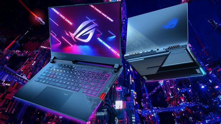 ASUS ROG Strix Scar 15 gaming laptop, front and back views in front of buildings.