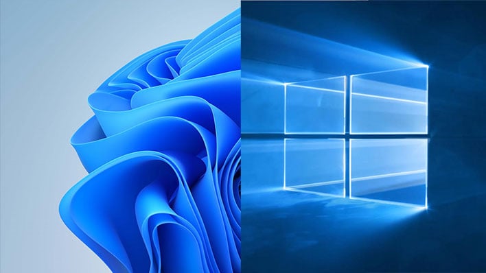 Half of Windows 11's default background and half of Windows 10's default background.