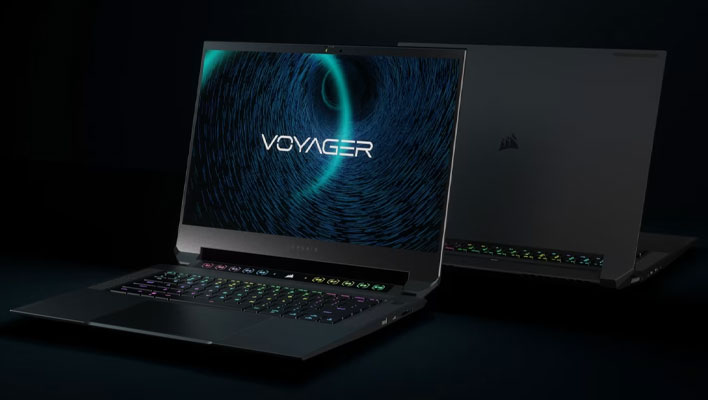 Corsair Voyager a1600 gaming laptop (front and back) on a black background.