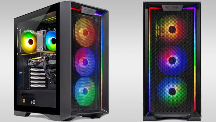 Angled and front views of the Skytech Gaming Nebula desktop PC on a gray gradient background.