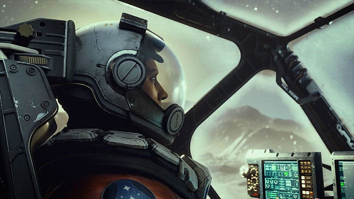 Side shot of a pilot in the cockpit of a spaceship in the game Starfield.