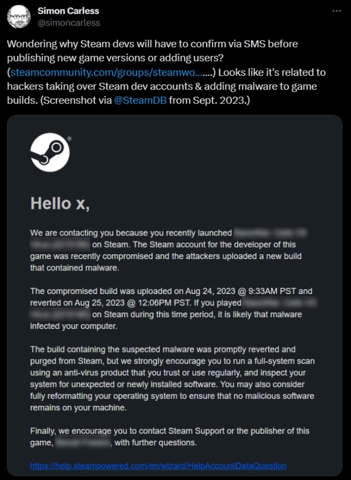 After hackers distribute malware in-game updates, Steam adds SMS-based  security check for developers