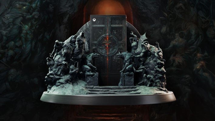 Sculpture of a Diablo IV Xbox Series X console in front of a backdrop of a gate to hell.