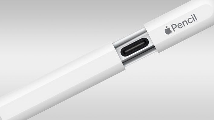 Apple Pencil with a USB-C port, on a gray gradient background.