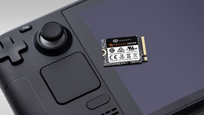 Seagate FireCuda 520N SSD on top of a handheld game console.