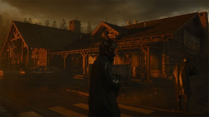 Alan Wake 2 scene of characters outside a cabin wearing deer masks.