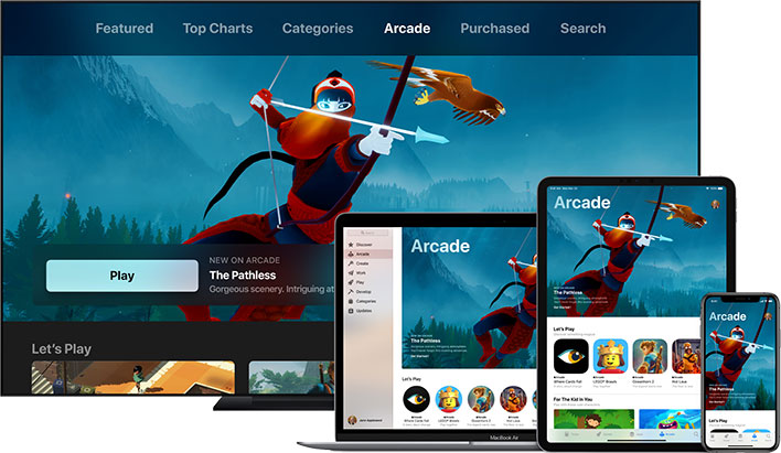 Apple Arcade UI on several devices.