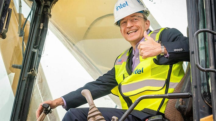Intel CEO Pat Gelsinger wearing construction garb and giving a thumbs up.