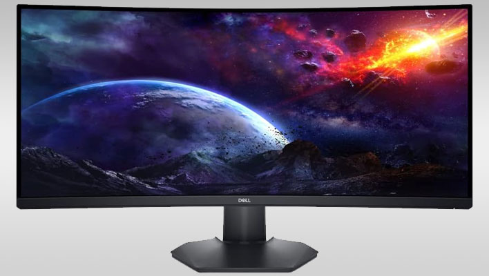 Front shot of Dell's S3422DWG curved gaming monitor on a gray gradient background.