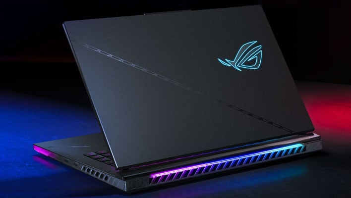 Rear angled render of the ASUS ROG Strix Scar 16 gaming laptop with an RGB underglow.