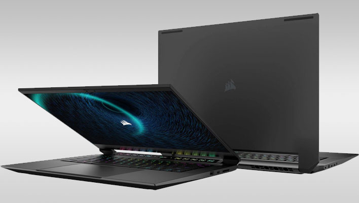 Front and back renders of Corsair's Voyager a1600 gaming laptop on a gray gradient background.