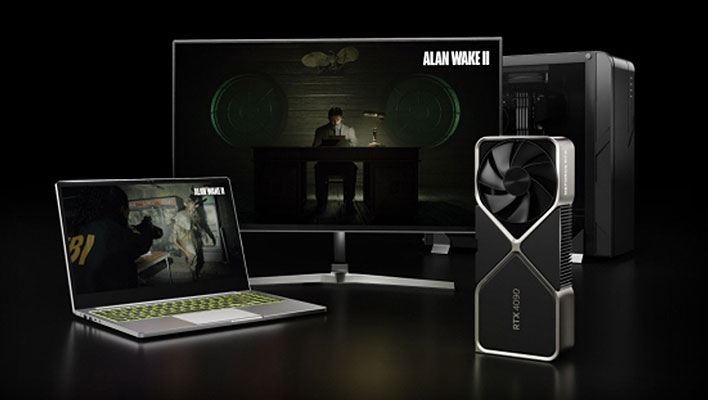 Alan Wake 2 running on a laptop and desktop monitor next to a desktop PC and a GeForce RTX 4090 graphics card.