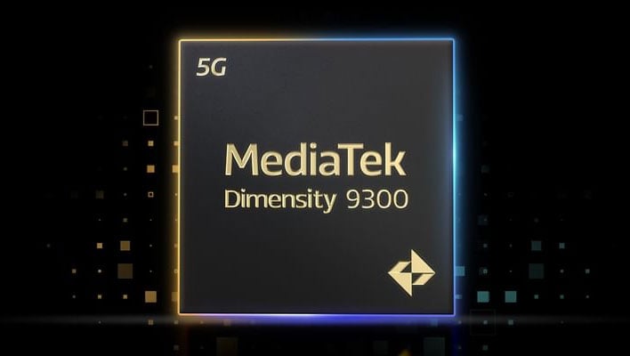 Render of MediaTek's Dimensity 9300 SoC on a black background.
