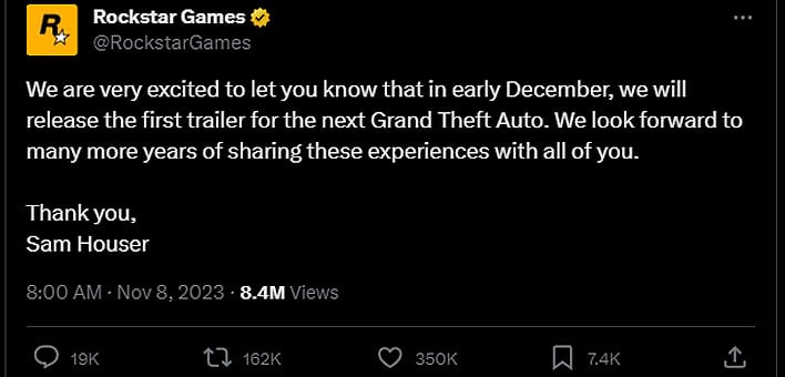 Rockstar Games Confirms GTA 6 First Trailer Release Date