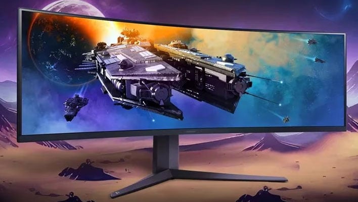 Render of LG's UltraGear 45GR75DC-B monitor on another planet. 