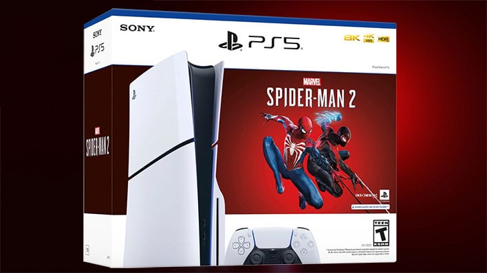 PS5 Slim Spider-Man 2 console bundle (retail box) on a black and red background.