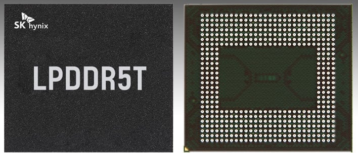 SK hynix LPDDR5T memory chips (front and back) on a gray gradient background.
