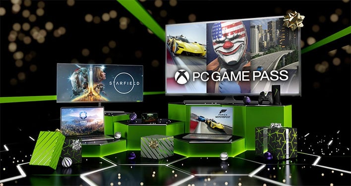 Christmas gift-themed GeForce NOW banner with presents, laptops running games, and a TV with PC Game Pass on it.