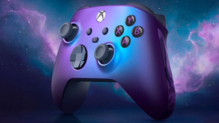 Angled Xbox Wireless Controller Stellar Shift Special Edition in front of a celestial night sky background.