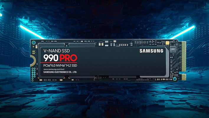 Samsung 990 Pro SSD on a blue-tinted sci-fi background.