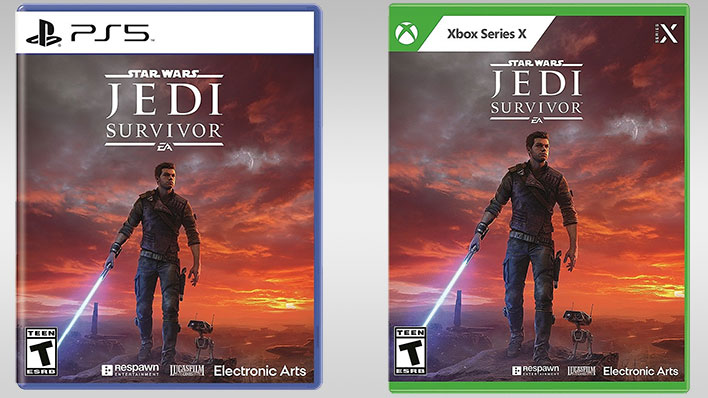 PS5 and Xbox Series X game boxes for Star Wars Jedi Survivor on a gray gradient background.