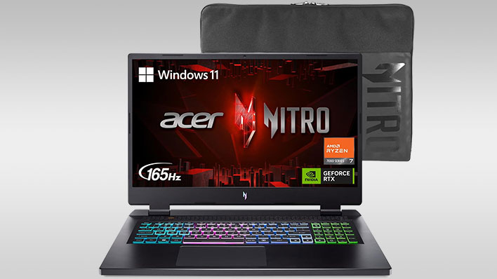 Acer Nitro 17 laptop and cloth carrying case on a gray gradient background.