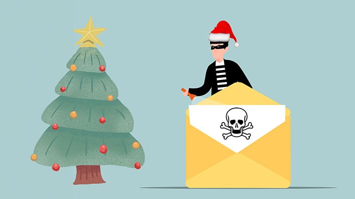 A thief holding a giant envelope with a skull on a piece of paper inside, next to a Christmas tree on a green gradient background.