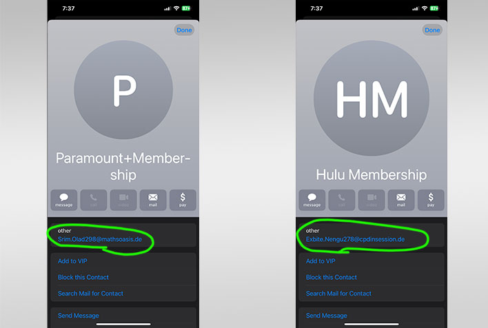 Email headers on two scam emails, on a gray gradient background.