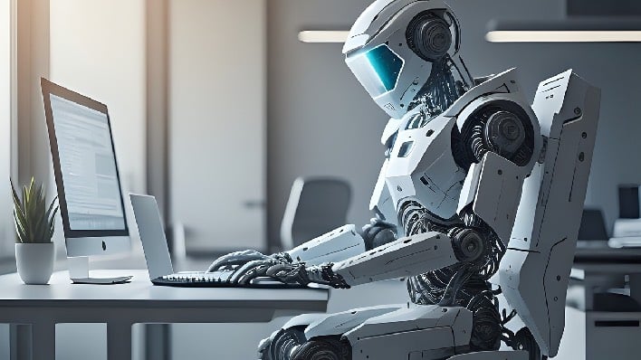 hero robot at computer