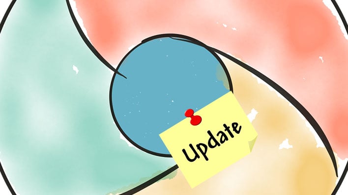 Closeup of a Chrome logo sketch with a sticky note pinned that reads, "Update".