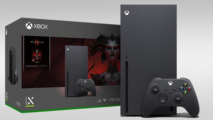 Xbox Series X Diablo IV bundle on a gray gradient background.