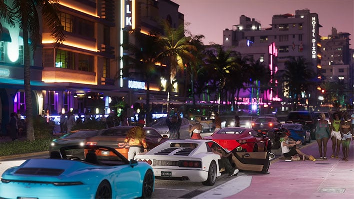 Nighttime shot of cars on a street from the official Grand Theft Auto VI trailer.