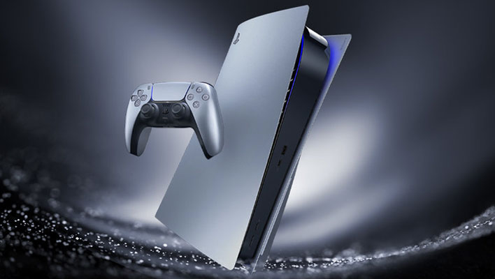 Sony PlayStation 5 and DualSense controller in sterling silver. 