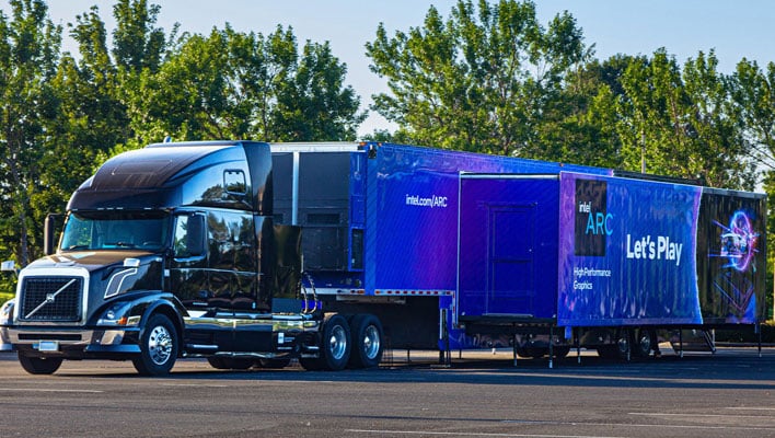 intel Arc gaming truck in a parking lot.