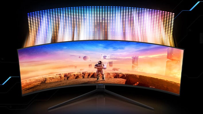 Exploding view of Samsung's 49-inch Odyssey gaming monitor.