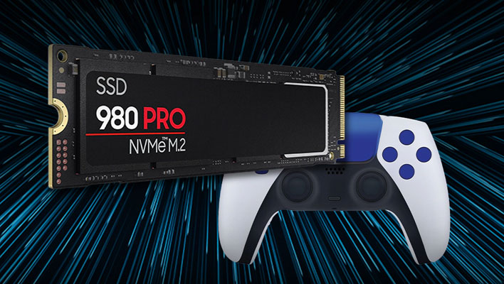 Samsung 980 Pro SSD next to a game controller on a lightspeed background.