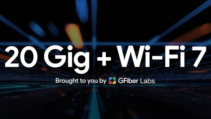 Google Fiber banner for its 20 Gig + Wi-Fi 7 service.
