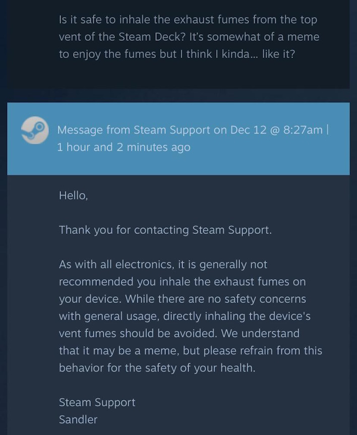 support valve warns users not to huff exhaust from steam decks