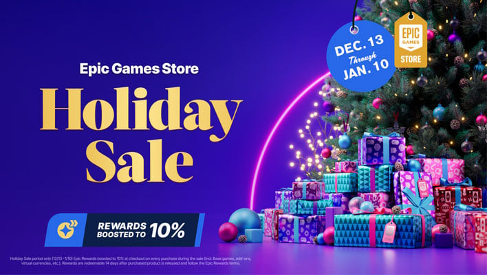 Epic Holiday Game Sale banner with a Christmas tree and presents.