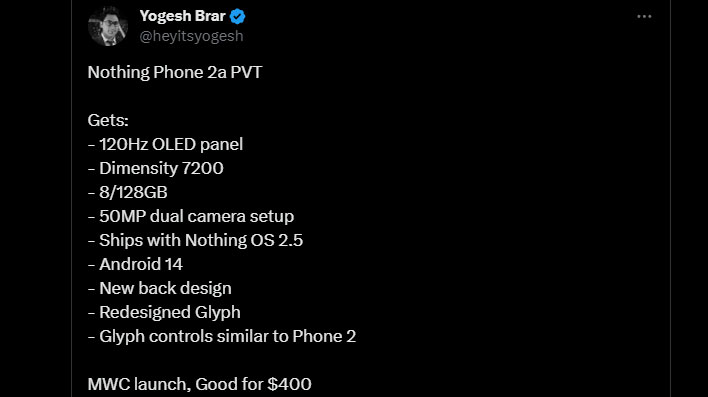 X post on the Nothing Phone 2a specs.