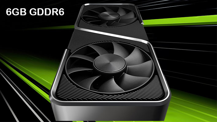 Vertical render of a GeForce RTX graphics card on a green and black background with "6GB GDDR6" written in white text.
