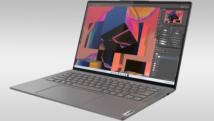 Angled Lenovo Slim 7 Pro X 14 laptop on a gray gradient background.