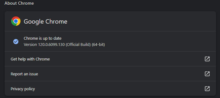 Screenshot of the About Google Chrome setting in Chrome.